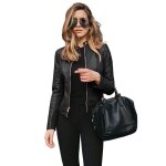 Veste femme l�g�re zipp�e col montant en pu cuirveste d�contract� slim fit pour printemps automne - noir ...