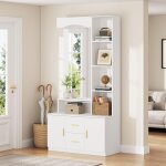 Vestiaire armoire entr�e multifonction rangement chaussures miroir 2 tiroirs 2 armoires �tag�re blanc ...