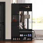 Vestiaire dentr�e - 100x180x35 cm - noir - mdf - 6 - en - 1 - banc rembourr� - 2 tiroirs