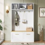 Vestiaire d?entr�e avec banc - merax - rangements ouverts et 2 portes 4 crochets blanc et bois naturel ...