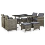 Mobilier � d�ner de jardin - vidaxl - 9 pi�ces - r�sine tress�e grise - coussins amovibles - contemporain ...