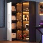 Vitrine 1105�35�160 armoire haute avec porte vitr�e led tiroir lat�ral coulissant meuble � roulettes ...