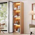 Vitrine 40�40�165 cm meuble haut et �troit mdf aspect ch�ne avec porte vitr�e verre tremp� led et charni�res ...