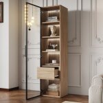 Vitrine 40x34. 5x165 cm colonne rangement porte en verre tiroir compartiments mdf couleur naturelle