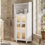 Vitrine - argentier dangle blanc laqu� (63. 5�124cm) meuble led avec commande application salon / biblioth�que ...