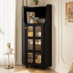 Vitrine - argentier dangle noir laqu� (63. 5�124cm) meuble led avec commande application salon / biblioth�que ...