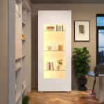 Vitrine argentier salon blanc 70x40x173cm ? 2 portes acrylique bande led verre tremp� armoire haute mdf ...