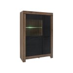 Vitrine biblioth�que � 2 portes avec �clairage led coloris ch�ne marron fonc� / ch�ne noir