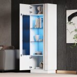 Vitrine blanc brillant 180 cm avec porte en acrylique transparente led 5 niveaux panneaux de particules ...