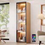 Vitrine collection scandinave en bois et verre 165 cm colonne de rangement avec led 4 �tag�res et porte ...