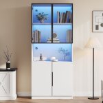 Vitrine haute blanche 80x30x200 cm avec portes en verre et led biblioth�que meuble de rangement led