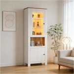 Vitrine haute blanche et bois avec led 2 portes �tag�res r�glables meuble de rangement pour salon 70 ...
