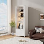 Vitrine haute blanche laqu�e 50�40�160 cm avec led porte acrylique 4 niveaux tiroir cach�