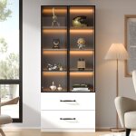 Vitrine led 60 x 40 x 160 cm - biblioth�que avec portes verre tremp� et 2 tiroirs - meuble salon bureau ...