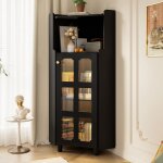 Vitrine led - armoire dangle 635x124cm? mdf laqu� noir �tag�re ouverte + vitrine 2 niveaux pour salon ...