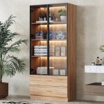 Vitrine moderne 75�345�170 cm avec led 2 tiroirs 2 portes verre tremp� en mdf couleur marron