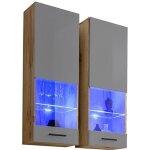 Vitrine murale t51 - extreme furniture - gris brillant & bois naturel - led bleues