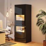 Vitrine noire brillante avec �clairage led et �tag�res en verre armoire haute ind�pendante meuble de ...