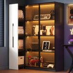 Vitrine en verre led avec rangement et tiroir lat�ral roulettes mdf et verre noir 1105x35x160 cm