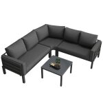 Vlivra salon de jardin avec 1 canap� d?angle 4 - 5 places et 1 table basse en verre tremp� pieds r�glables ...