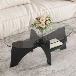 Vlivra table basse ovale design moderne en mdf noir avec surface en verre de s�curit� pour salon