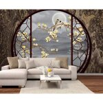 Wallpaper papier peint panoramique 3d porte ronde fentres paysage fleurs et oiseaux tapisserie murales ...