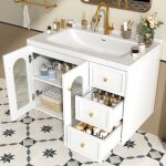 Welltin meuble de salle de bain suspendu 80cm blanc avec vasque c�ramique 2 tiroirs et placard porte ...