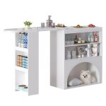 Table de bar haute - welltin - extensible 120 - 200 cm - plateau rotatif effet marbre - niche pour animaux ...
