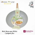 Wok 28cm - grean pearl - c�ramique anti - adh�sive - manche fixe - compatible tous feux