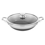 Wok 32cm - cheffinger - inox - rev�tement nid dabeille - couvercle en verre - anti - rayures