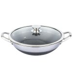 Wok 36cm - cheffinger - nid dabeille - inox 18 / 10 - couvercle en verre - anti - rayures