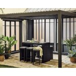 Yoana ? ensemble table haute et tabourets de jardin en rsine noir - 6 places - coussins gris - noir ...