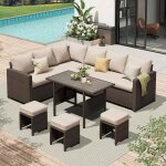 Yodolla salon de jardin 7 places - 3 canap�s 2 places modulables 3 poufs table - coussins blancs & rotin ...