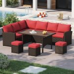 Yodolla salon de jardin 7 places - 3 canap�s 2 places modulables 3 poufs table - coussins rouges & rotin ...