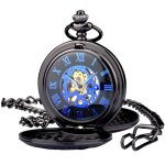 Zeiger montre poche gousset homme rtro steampunk mcanique noir alliage chiffres bleu pendentif ouvert ...