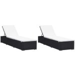 2 chaises longues en rsine tresse avec coussins - noir / blanc - 195 x 60 x 31 cm
