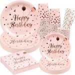 24 invit�s assiettes f�te carton anniversaire rose gobelets pailles en papier et serviettes pour d�coration ...