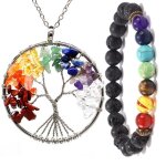 2pcs bijoux set arbre de vie collier pendentif + 7 pierres chakra naturelles bracelet perles pierre pr�cieuse ...