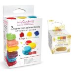 3 colorants alimentaires en poudre jaune - rouge - bleu + paillettes dor�es