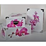 3 grandes boites de rangement - carton impr. orchide rose / blanc angles / poignes mtal. 38x26. 5x14 ...