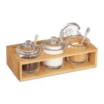 Relaxdays lot de 3 pots  pices salire sucrier avec support en bambou cuillre et couvercle nature ...