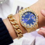 3pcs / set coffret bijoux homme bracelet collier chane hiphop montre quartz diamant