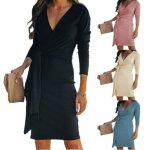 S 3xl robes mi - longues cteles noires pour femmes col en v vtements lh1117eddrss01os noir