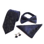 4pcs n?uds papillon cravate bleu marine jacquard paisley business avez carr� de poche boutons de manchette ...
