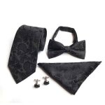 4pcs n?uds papillon cravate noir jacquard paisley business avez carr� de poche boutons de manchette