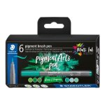 6 feutres - pointe pinceau - staedtler - pigment arts pen - assortis vert et turquoise