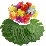 Dcoration de fte - palmier tropical - fleurs dhibiscus - 60 pices - couleurs vives - imitation feuilles ...