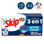 78 lavages - capsules 3en1 skip lessive active clean (lot de 3x26)