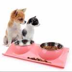 Acier double bol ecuelle gamelle nourriture eau mangeoire chien chat abreuvoir rose