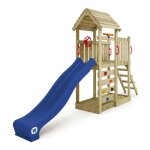 Aire de jeux bois wickey joyflyer avec toboggan 220 cm bleu mur d?escalade et bac � sable ? 10 ans de ...